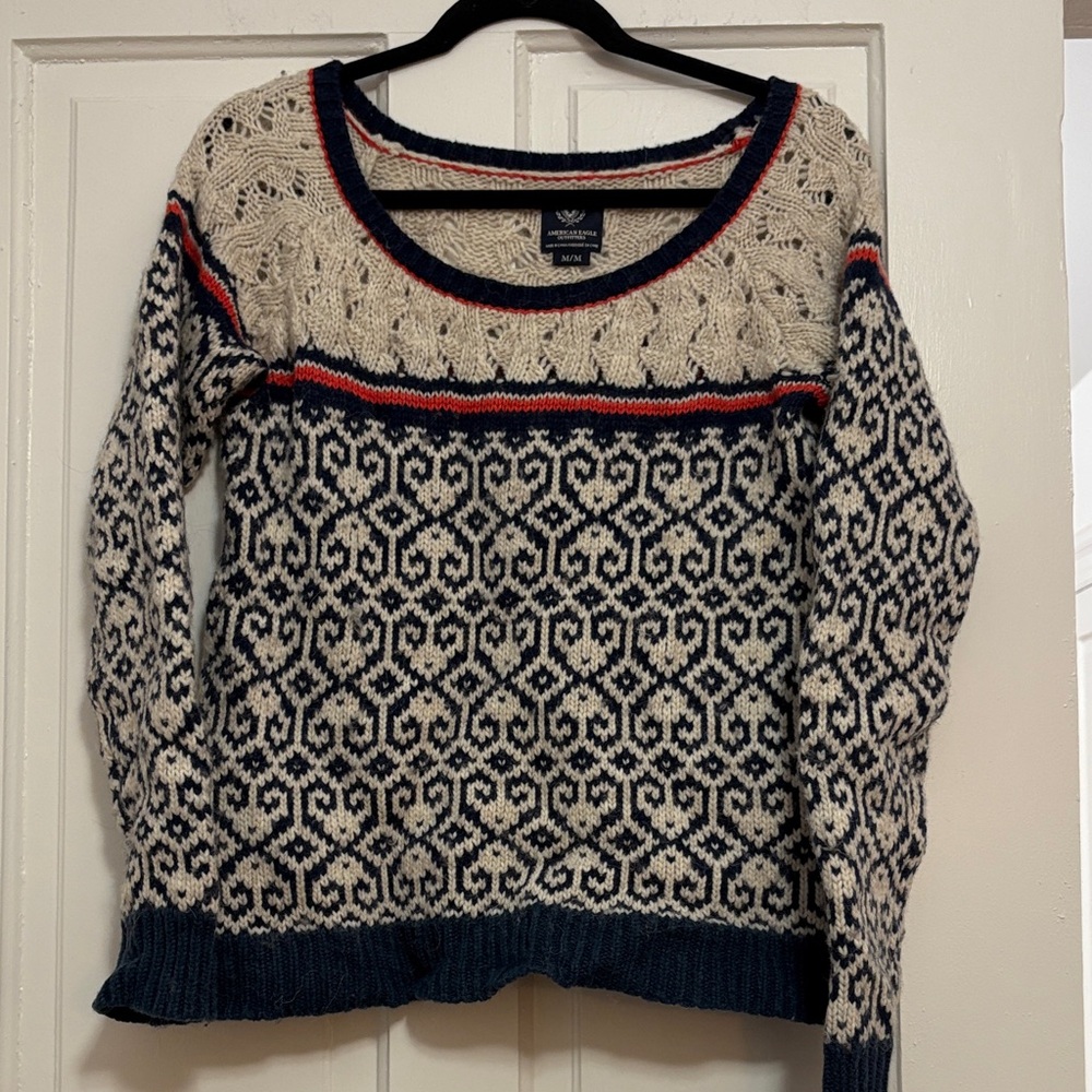 American Eagle Outfitters Navy and Cream Patterned Sweater
